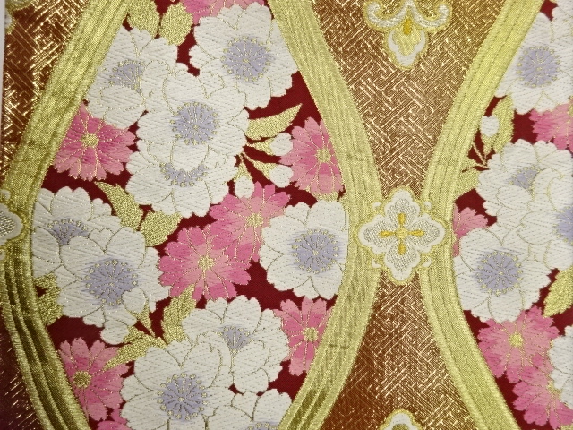  立涌に華紋・桜模様織出し袋帯